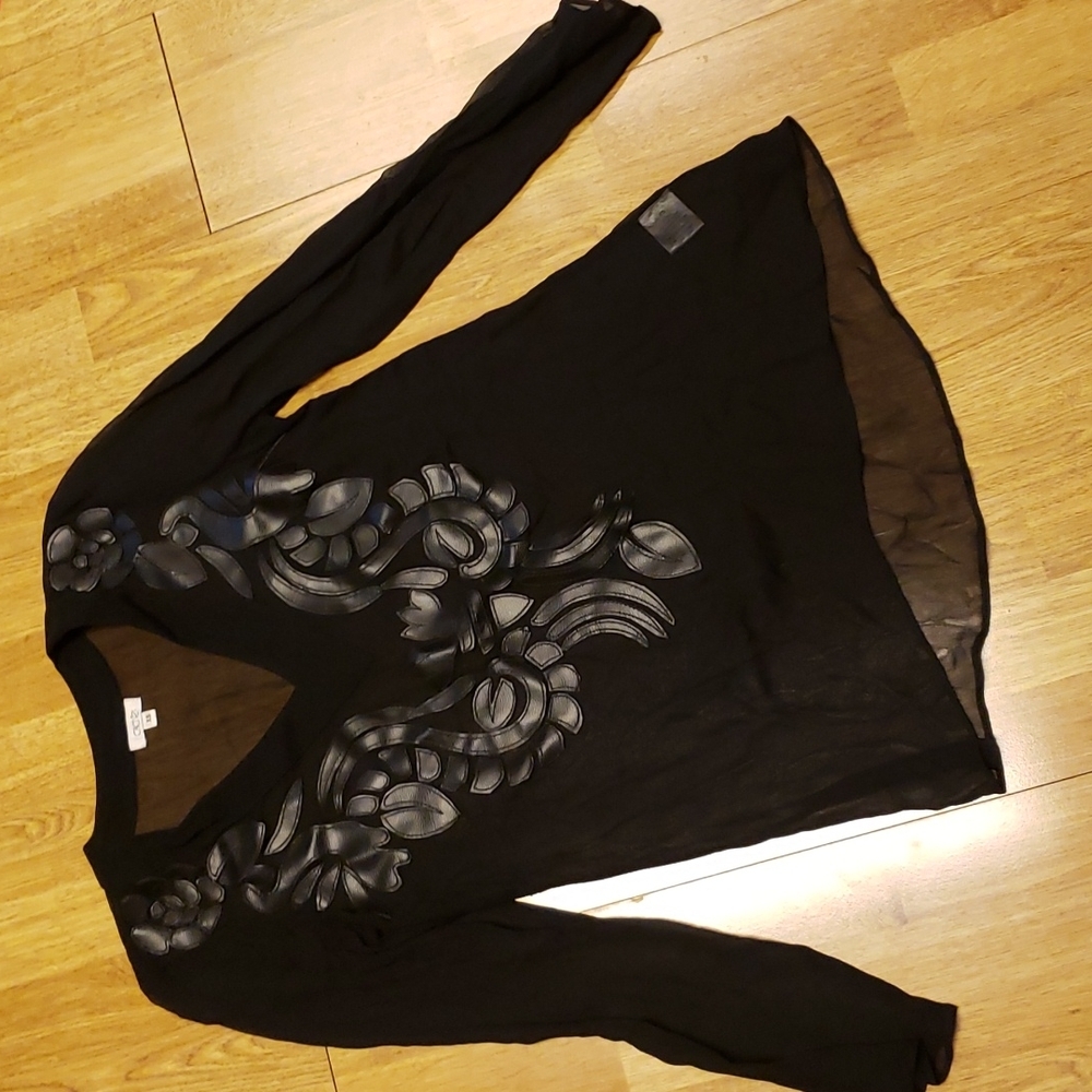 VTG Cache sheer black top with faux leather applique XS